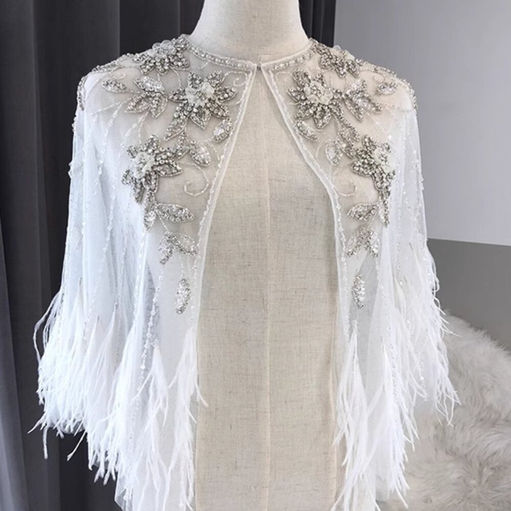 White Bead Feather Embroidered Burlesque Cape Wedding Party Halloween Costume
